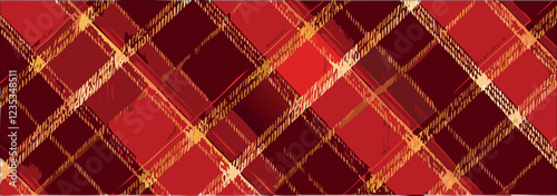 Vector plaid background in Christmas red and gold, holiday tartan for wrapping, vector wallpaper.