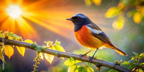 Silhouette of Daurian Redstart on Branch at Dawn photo