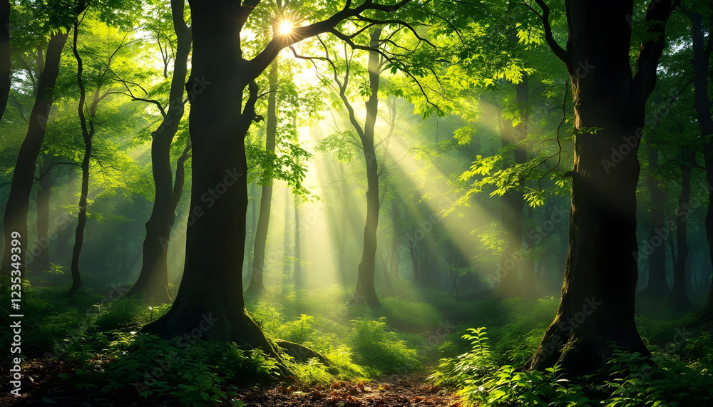 Obraz premium A breathtaking panoramic view of a lush green forest with tall trees and vibrant foliage. The morning sun shines through the dense canopy, casting long golden rays of light onto the forest floor. The 