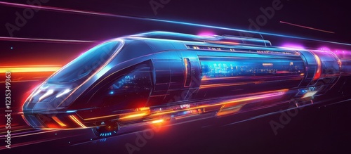 Futuristic High-Speed Train Racing Through Neon Cityscape at Night photo