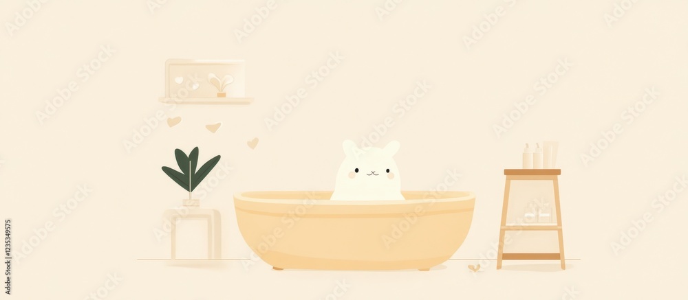 Happy Bunny Taking a Bath in a Beige Bathroom - Cute Minimalist Illustration Happy Bunny Taking a Bath in a Beige Bathroom - Cute Minimalist Illustration