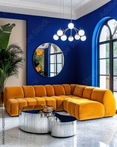 Levanto maximalist lounge with sapphire blue walls, a modular mustard velvet sofa, neon lit decor, and a sculptural chrome table reflecting bold color photo
