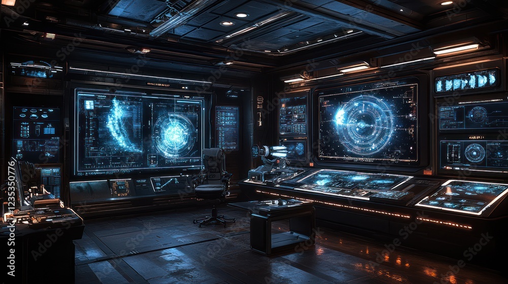 Fototapeta premium Futuristic Spaceship Bridge Command Center: High-Tech Control Room with Advanced Displays and Interfaces
