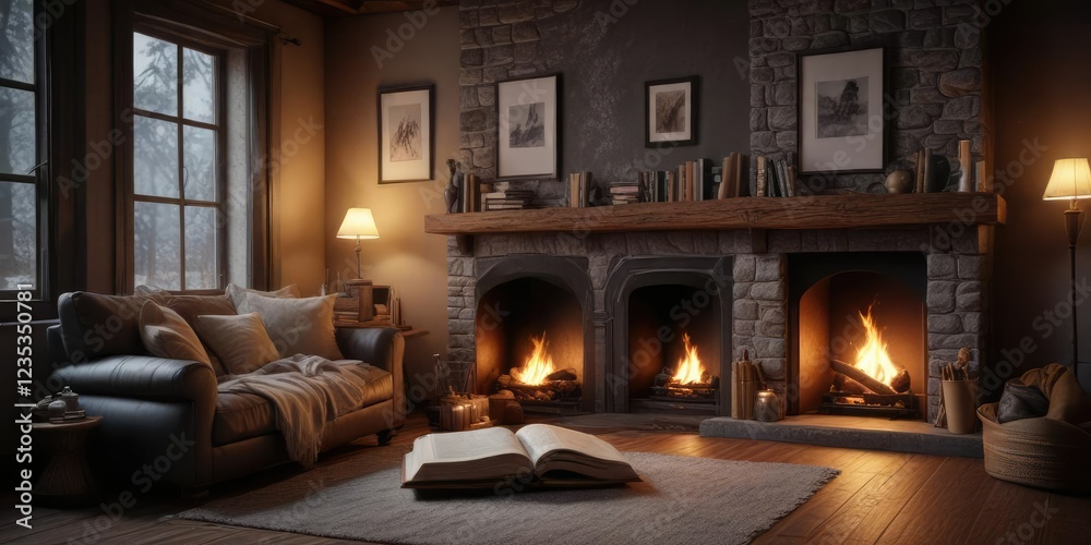 Cozy reading nook with a crackling fireplace and a good book, soft focus, relaxing ambiance Cozy reading nook with a crackling fireplace and a good book, soft focus, relaxing ambiance