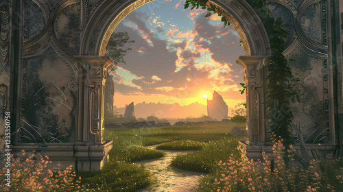 archway leading to the horizon, with grass and sky in the background. Symmetrical, grandiose architecture, a beautiful sunset, a portal door, and ornate architectural details.