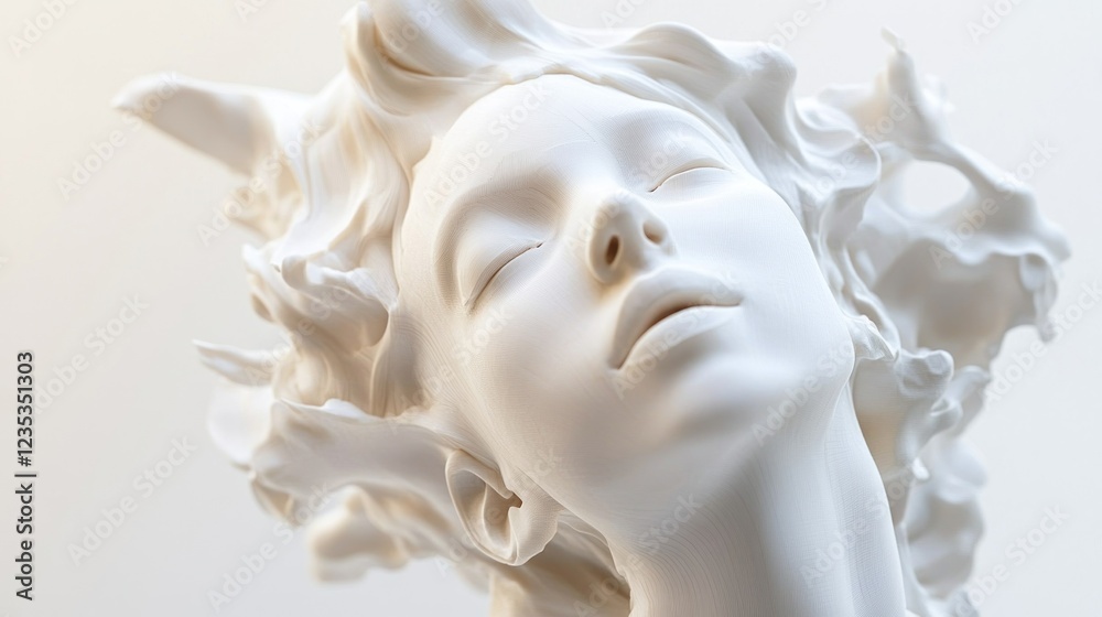 Abstract White Sculpture of a Woman's Head with Flowing Hair Abstract White Sculpture of a Woman's Head with Flowing Hair