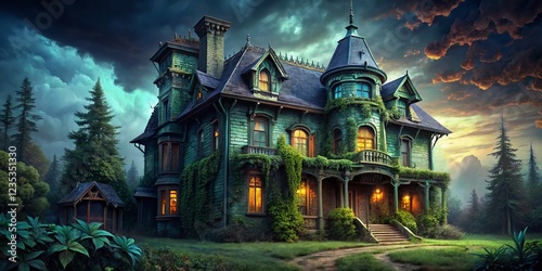 Spooky Haunted House Clip Art: Creepy Mansion with Copy Space for Text photo