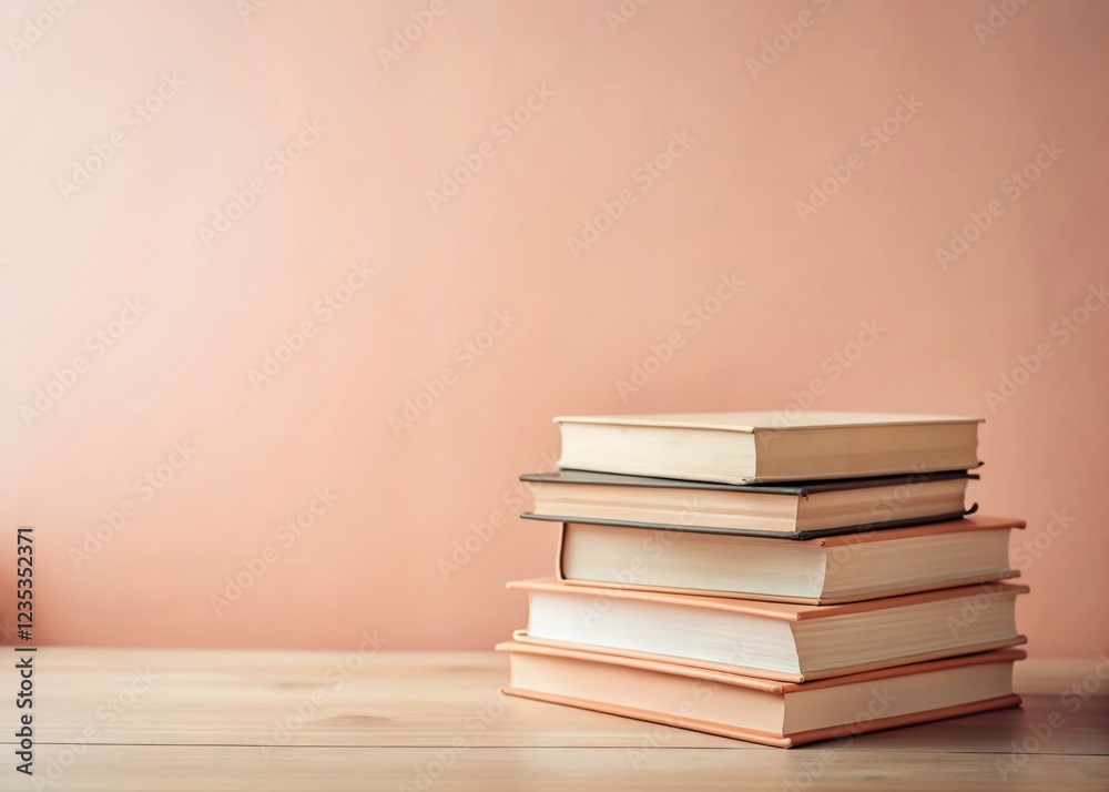 Stack of Books on a White Desk with a Pastel Coral Background Stack of Books on a White Desk with a Pastel Coral Background