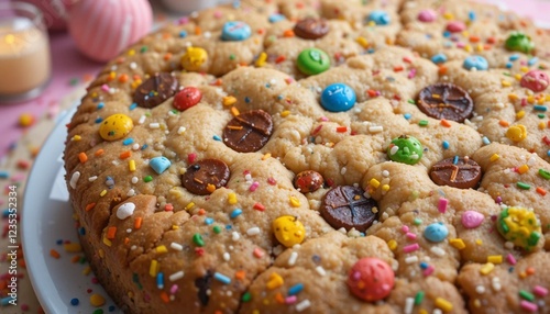 Giant Cookie Cake with Colorful Sprinkles and Candies photo