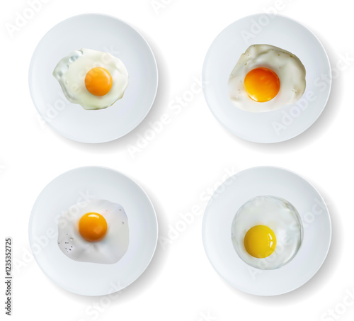 Realistic collection of plates with fried eggs top view 