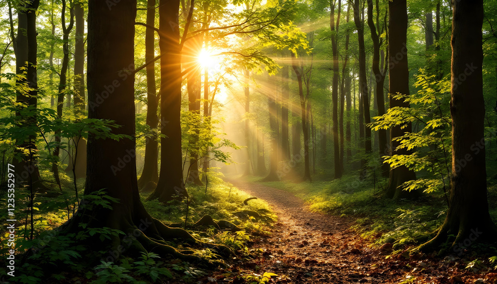 Obraz premium A breathtaking panoramic view of a lush green forest with tall trees and vibrant foliage. The morning sun shines through the dense canopy, casting long golden rays of light onto the forest floor. The 