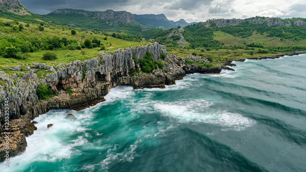 Stunning coastal view with rolling waves and rocky cliffs under a dramatic sky