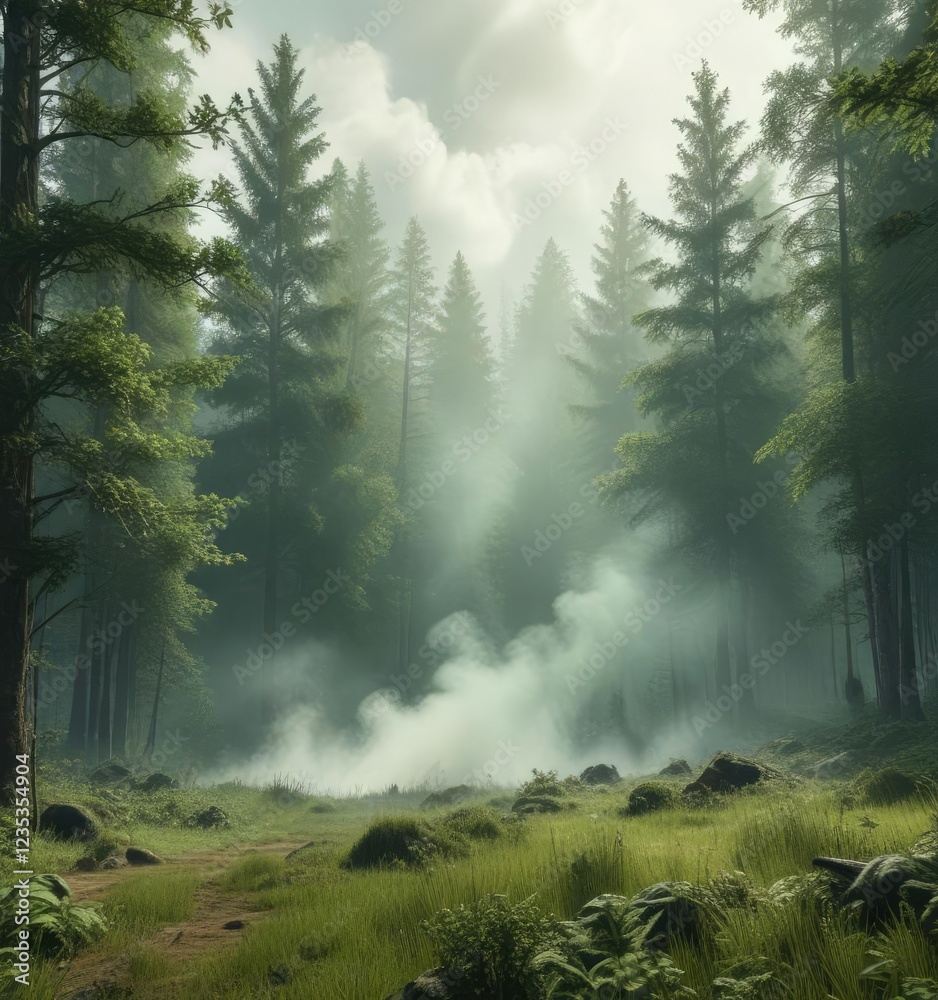 Fototapeta premium Dense green smoke hanging over a forest clearing, fog, forest