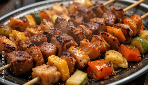 Korean BBQ Skewers with Grilled Meat and Vegetables photo