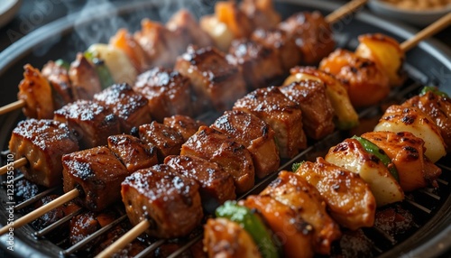 Korean BBQ Skewers with Grilled Meat and Vegetables photo