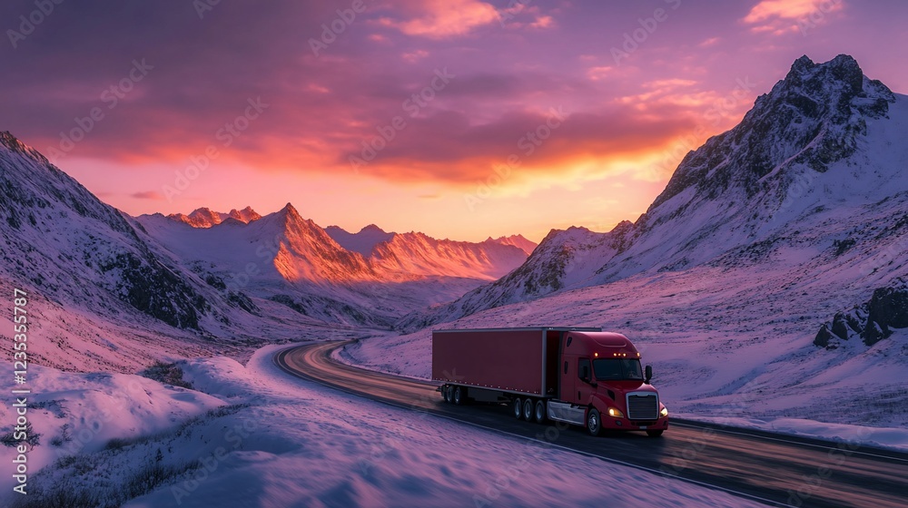 Obraz premium A red truck drives along a winding road through a snowy mountain landscape at sunset