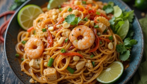 Hot and Spicy Thai Pad Thai Noodles with Fresh Garnishes photo