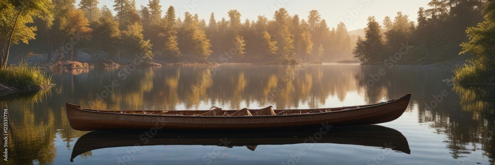 Early morning light shines on a wooden dugout canoe partially submerged in the quiet waters of a lake, calm water, solitude, quiet moments Early morning light shines on a wooden dugout canoe partially submerged in the quiet waters of a lake, calm water, solitude, quiet moments