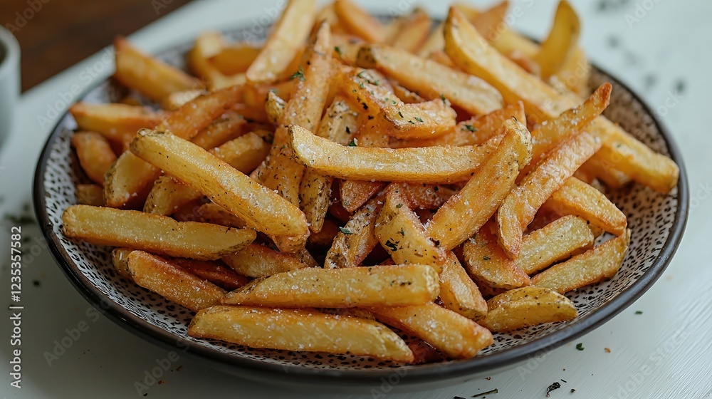 Crispy golden French fries served in a decorative bowl on a rustic table Crispy golden French fries served in a decorative bowl on a rustic table