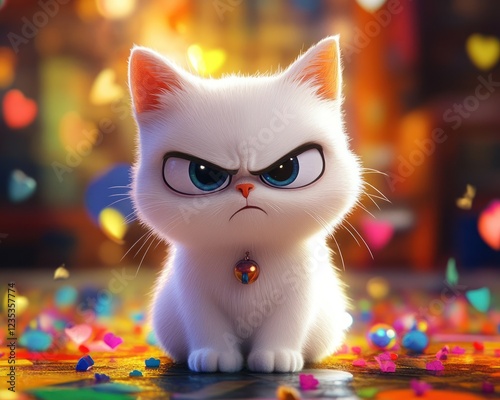 Grumpy kitten amidst confetti, festive background,  card design photo