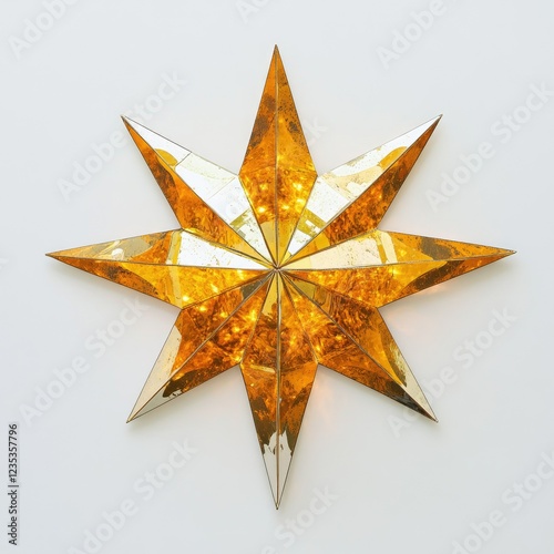 Golden mirrored star wall art, interior, reflection, light