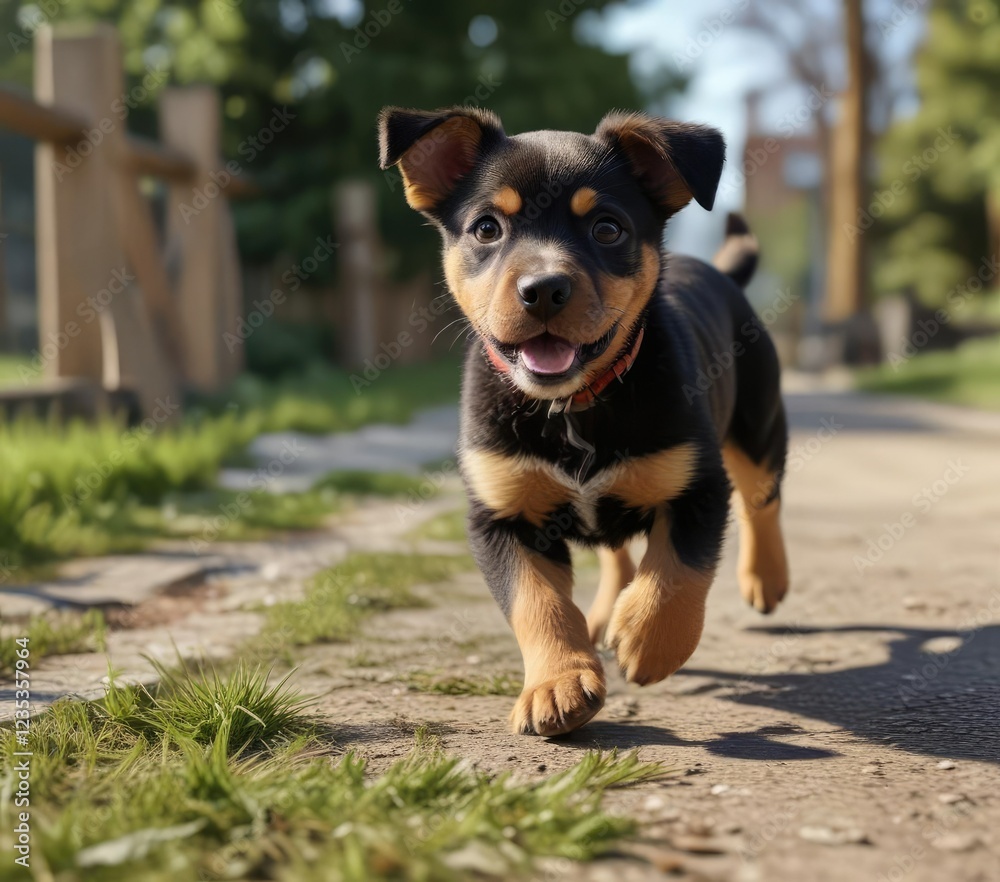 Energetic black and tan crossbreed puppy running outside, fun outdoor adventure, joyful canine sprint, animal outdoor freedom Energetic black and tan crossbreed puppy running outside, fun outdoor adventure, joyful canine sprint, animal outdoor freedom