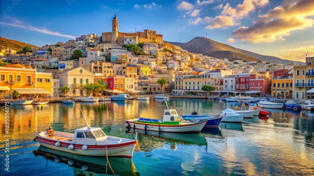 Obraz premium Syros Island Port: Aegean Sea View, Cyclades, Greece - Candid Photography