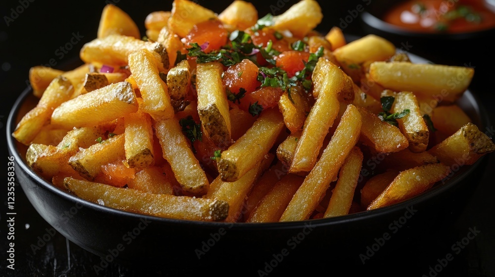 Crispy golden French fries topped with fresh herbs and served with dipping sauce Crispy golden French fries topped with fresh herbs and served with dipping sauce