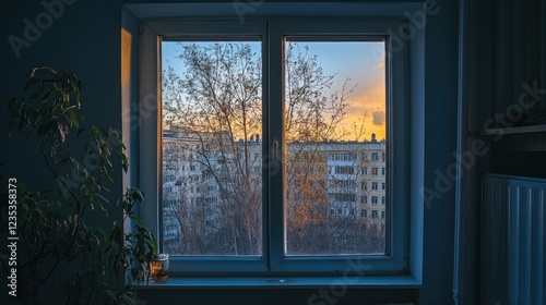 A Window View of an Urban Sunset Through Bare Tree Branches