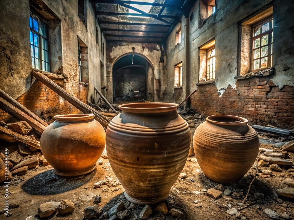 Three Coiled Clay Pots in Abandoned Urban Building - Urban Exploration Photography Three Coiled Clay Pots in Abandoned Urban Building - Urban Exploration Photography