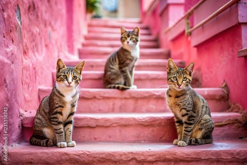 Three Cats on Pink Staircase, Chios Greece photo