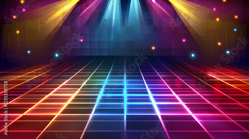 Retro dance floor background with rays of light and colorful squares  Retro disco poster design with neon lights