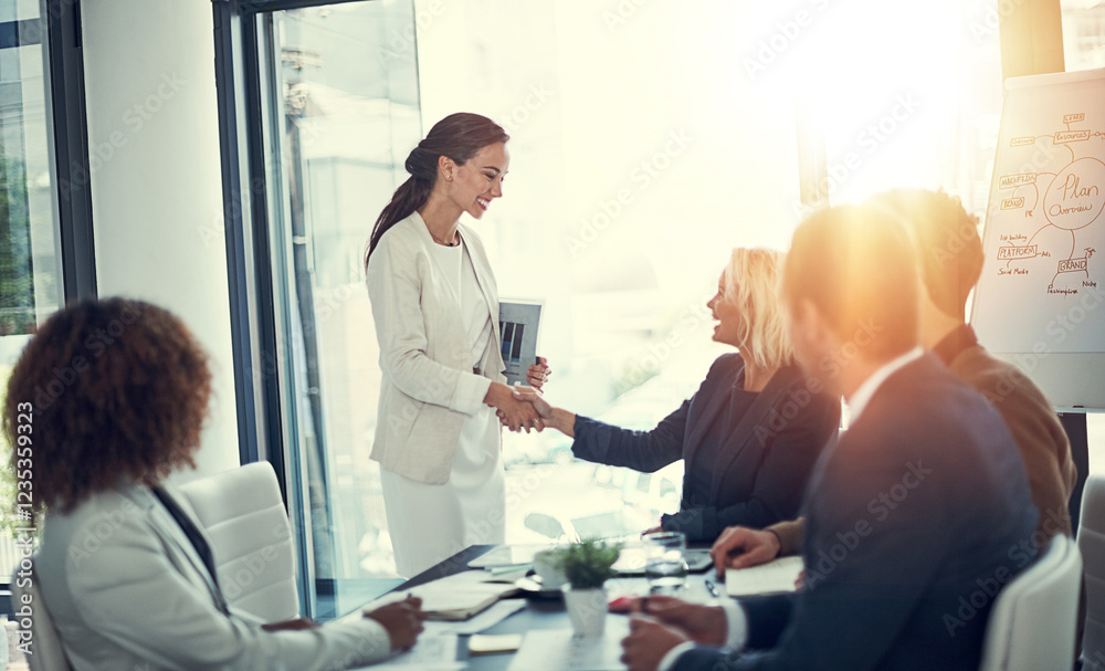 Obraz premium Handshake, contract and deal with business people in meeting for merger success, acquisition and thank you. Teamwork, loan agreement and banking firm with employees in office with lens flare