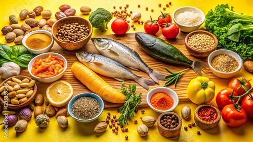 Top View of Omega 3 and Omega 6 Food Sources on Yellow Background photo