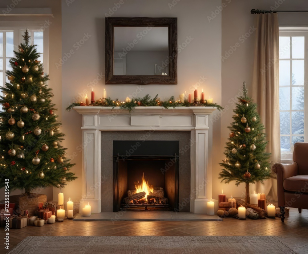 Fireplace mantel with Christmas tree and candles lit, warm glow, holiday decor, christmas tree Fireplace mantel with Christmas tree and candles lit, warm glow, holiday decor, christmas tree