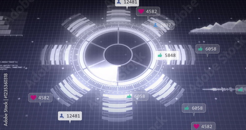 Social media engagement metrics image over futuristic circular interface