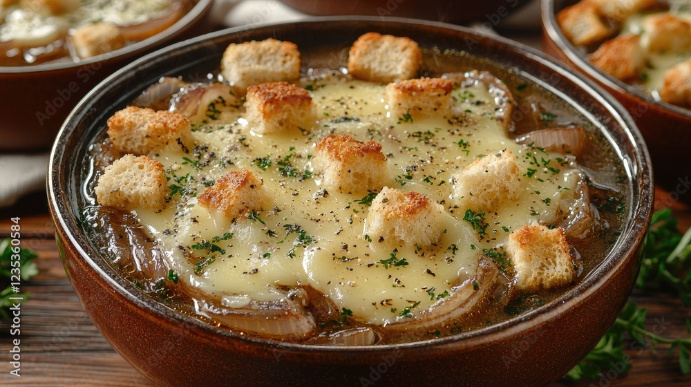 Delicious French onion soup topped with croutons, served in rustic bowls on wooden table Delicious French onion soup topped with croutons, served in rustic bowls on wooden table