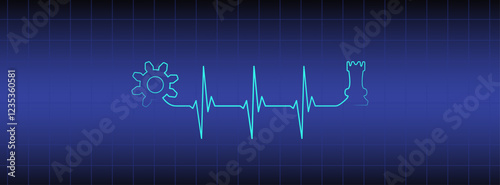 Editable line heart rhythm illustration on blue medical monitor with chessboard piece, gear, heartbeat line vector design to use for healthcare, business idea, healthy lifestyle, brainstorm projects. 