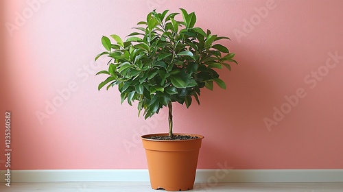 Serene Indoor Plant: A Lush Ficus Microcarpa in a terracotta pot against a soft pink wall, bringing tranquility to any home. photo