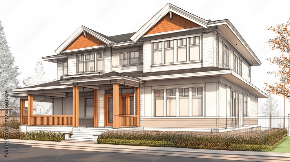 Detailed Architectural Sketch of a Two-Story House with a Porch and Well-Defined Lines Detailed Architectural Sketch of a Two-Story House with a Porch and Well-Defined Lines