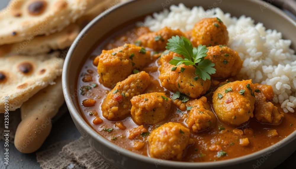 Spicy Indian Curry with Naan Bread and Rice Spicy Indian Curry with Naan Bread and Rice
