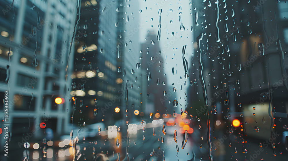 Obraz premium Water droplets on glass, city background, blurry, raindrops, mobile phone wallpaper, water drops on the window, blurred street view in front of it.