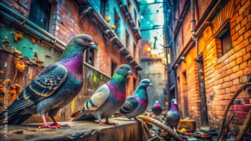 Urban Decay: Stylized Pouter Pigeons in Grungy City Alleyway photo