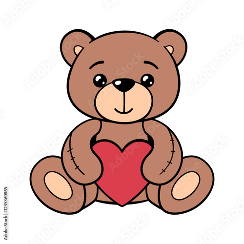 Groovy retro style cute teddy bear with a heart in his paws. Children's soft toy. White background.