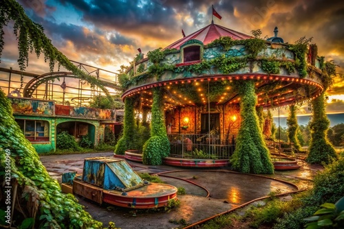 Urban Exploration: Carnival Funhouse Decay - Vintage Fairground Ruins Stock Photo