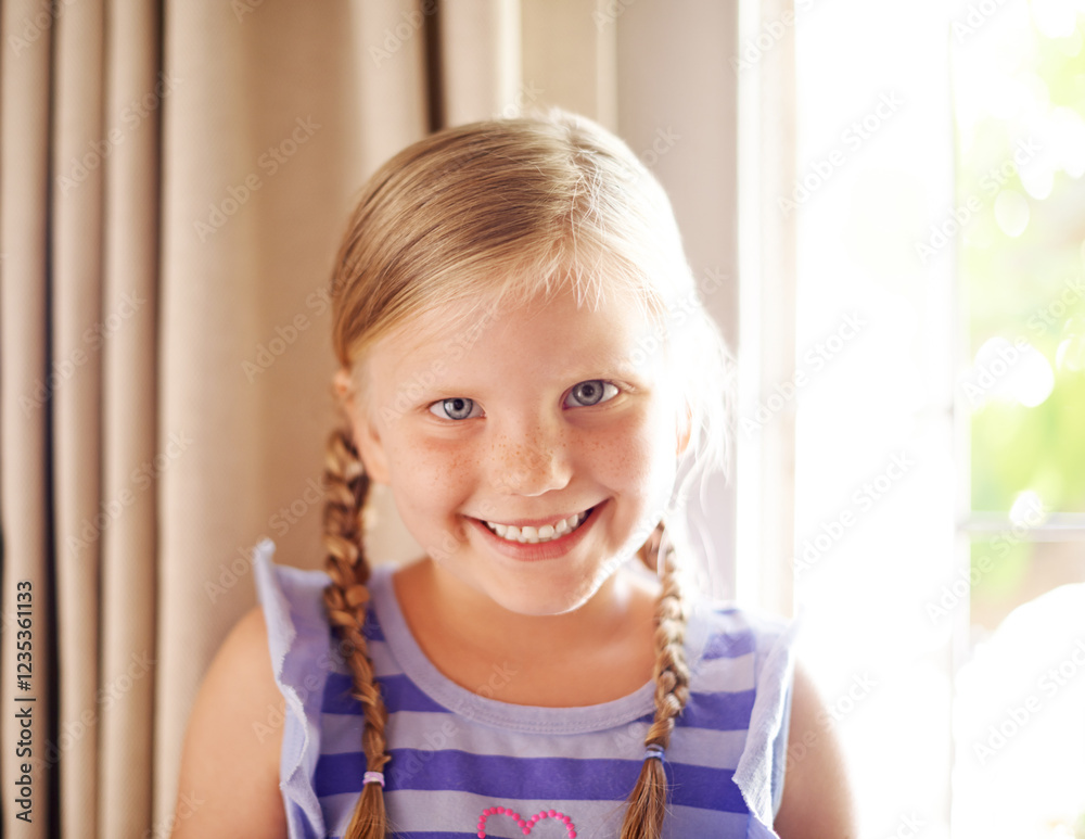 Portrait, smile and child in home for relax, weekend and break in living room. Cute face, young kid and happy girl by window to chill, adorable and positive for development or growth in Switzerland