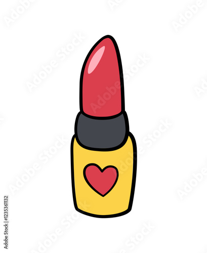 Retro groovy lipstick with heart on the tube. Cute fashion cosmetics.