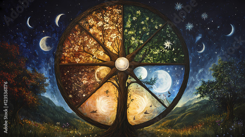 Wheel of the year nature's cycle wicca, paganism religion spiritual symbol. Chiaroscuro Contrast. Illustration