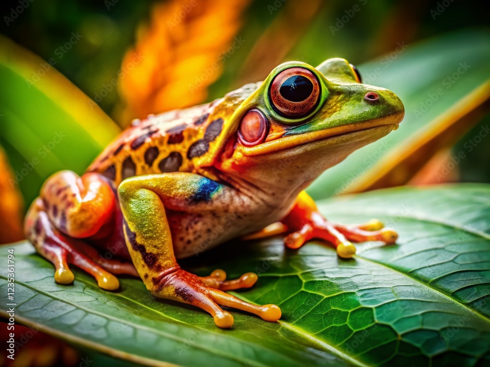 Vibrant Amphibian Close-Up: Intricate Patterns and Textures of a Leaf Dweller Vibrant Amphibian Close-Up: Intricate Patterns and Textures of a Leaf Dweller