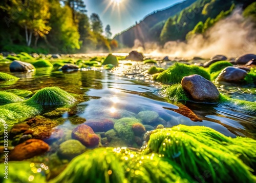 Vibrant Algal Mat Thriving in Geothermal Hot Spring Stream Bed - High-Resolution Stock Photo photo